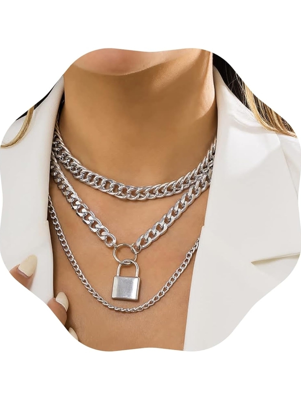 Silver Multi-Layer Padlock Chain Necklace - Women